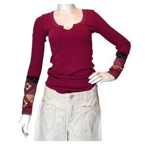 Free People Thermal Top Boho Crochet Sleeve Burgundy Long Sleeve XS